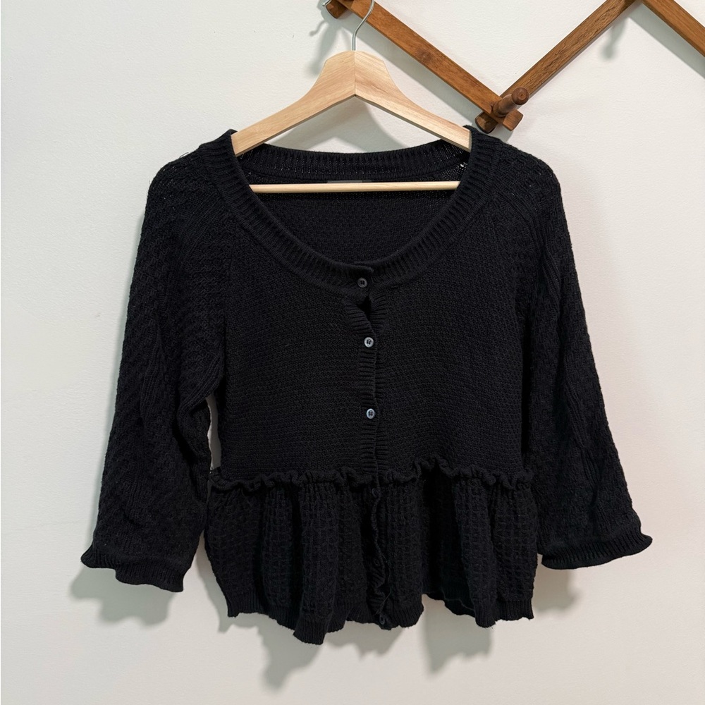 Cotton & Silk Blend Black Ruffled Knit Cardigan